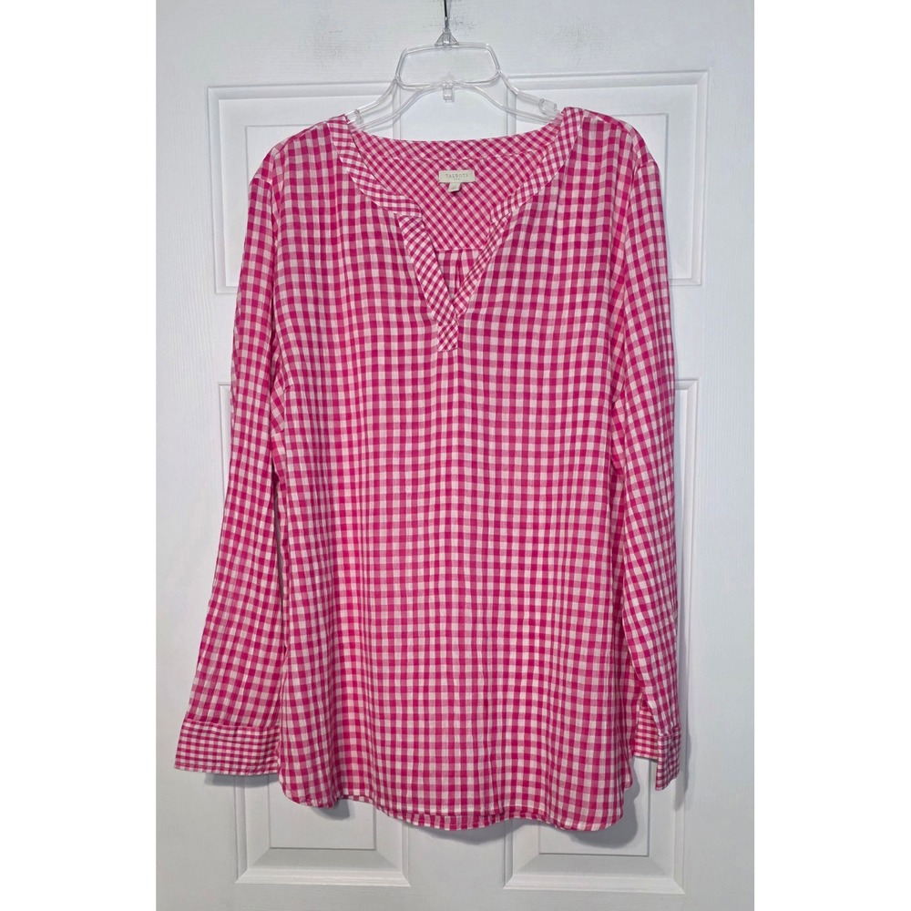 Talbots Gingham Cotton Split Neck Tunic Blouse XL Long Sleeve Pullover NWOT